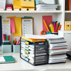 neat and organized desk with labeled folders, colorful stationery, and a 3-tier paper tray box filled with papers neatly stacked