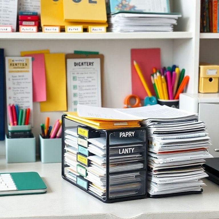 neat and organized desk with labeled folders, colorful stationery, and a 3-tier paper tray box filled with papers neatly stacked
