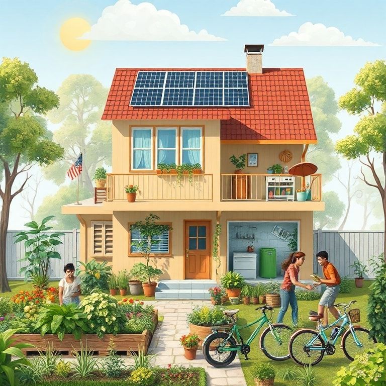 sustainable lifestyle with eco-friendly products and reusable items, sustainable home with solar panels and energy-efficient appliances, community garden with people planting fruits and vegetables, sustainable transportation options like bicycles and electric vehicles, eco-conscious individuals making sustainable choices in daily life, sustainable food choices with locally sourced, organic, and plant-based foods, water conservation methods in action, diverse group of people engaging in sustainable living practices, inclusive and diverse community working together towards sustainability