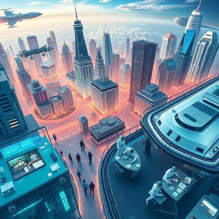futuristic cityscape with flying cars, robots, and holographic displays, bustling tech startup office with diverse employees collaborating on projects, high-tech laboratory with scientists conducting experiments, sleek smart home with connected devices, advanced medical facility with state-of-the-art equipment, cutting-edge research facility with futuristic machinery and computers, innovative urban infrastructure design, high-speed bullet train traveling through a modern city, sci-fi space station orbiting Earth