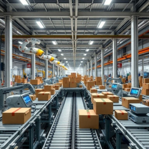 high-tech cardboard box manufacturing facility with robotic arms and conveyor belts, futuristic design, digital displays, and efficient production processes