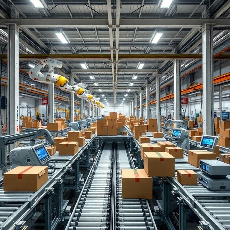 high-tech cardboard box manufacturing facility with robotic arms and conveyor belts, futuristic design, digital displays, and efficient production processes