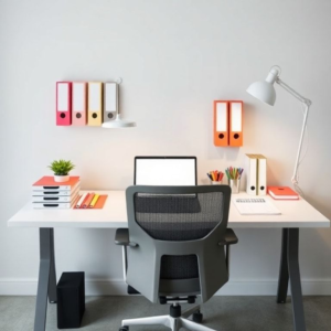 organized desk with labeled folders and colorful stationery, minimalist workspace with laptop and potted plant, professional office setup with ergonomic chair and task lighting