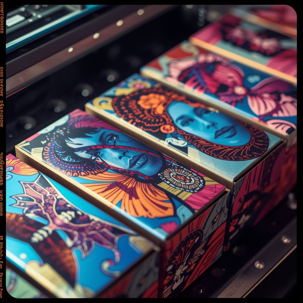 cutting-edge sustainable packaging technologies in action, showcasing digital printing on corrugated boxes with vibrant colors and intricate designs
