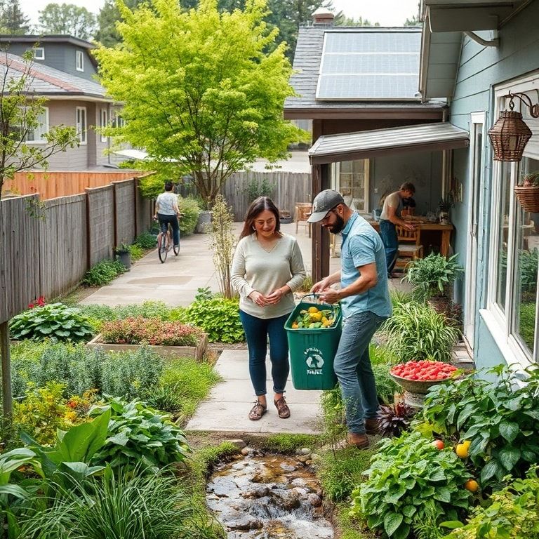 family recycling together in backyard, solar panels on rooftop of modern house, community garden with diverse plants and people working, diverse group of people biking on city street, local farmers market with colorful produce and vendors, sustainable living room interior with eco-friendly furniture, peaceful nature landscape with clean water stream and green trees, modern eco-friendly kitchen with natural light and plants, sustainable architecture building with green roof and solar panels