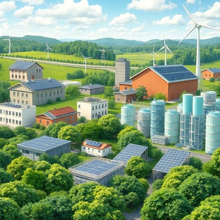 revolutionizing - solar panels on rooftops of buildings, wind turbines in a green landscape, recycling plant with workers sor