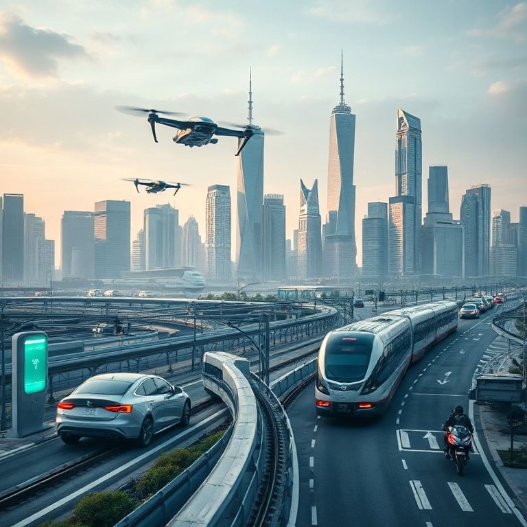 revolutionizing - futuristic city skyline with flying cars, electric vehicles charging at charging stations, high-speed train