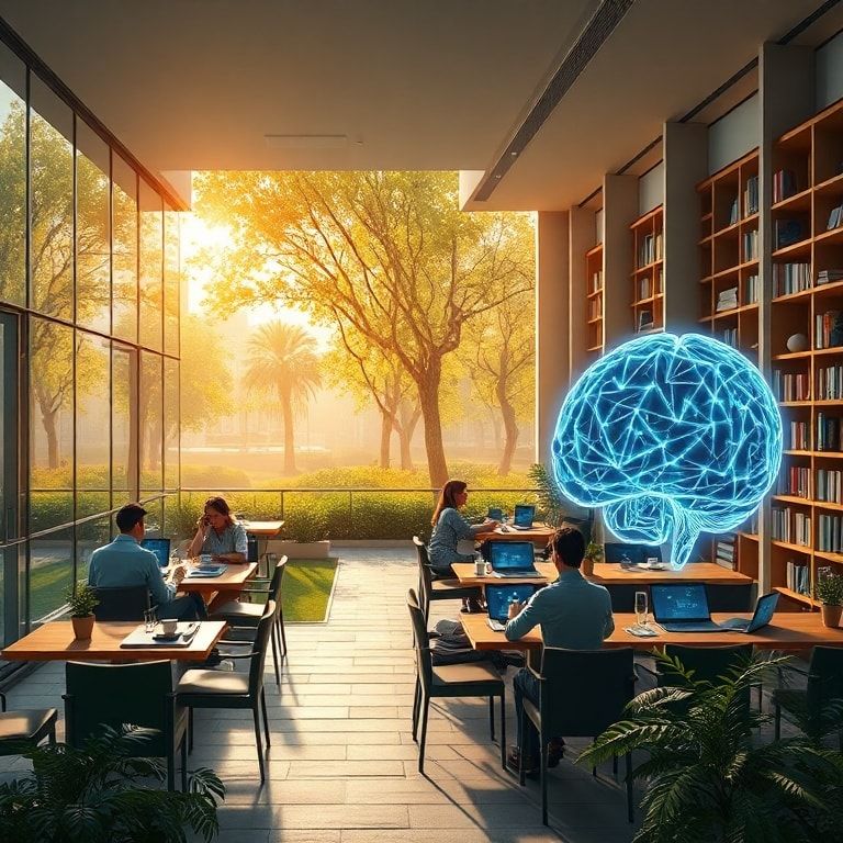 modern office with glass walls and people working on laptops, cozy Italian café terrace with coffee cups and notebooks, peaceful city park with green trees and stone pathways, minimalist living room interior with sunlight through large windows, futuristic AI holographic brain with neon lights, university library with tall bookshelves and students studying, warm natural sunlight, cinematic atmosphere, ultra realistic, highly detailed, 8k quality, photorealistic
