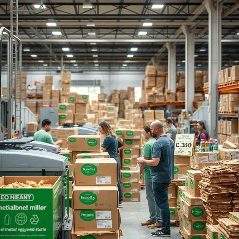 Modern cardboard box factory with eco-friendly machinery and workers sorting recycled materials, vibrant green packaging design with sustainable messaging, eco-conscious consumers shopping for products in a sustainable store, minimalist packaging design with recyclable materials, diverse group of workers in a sustainable packaging factory, innovative sustainable packaging solutions, eco-friendly cardboard boxes stacked in a warehouse, sustainable packaging materials being tested for durability and eco-friendliness