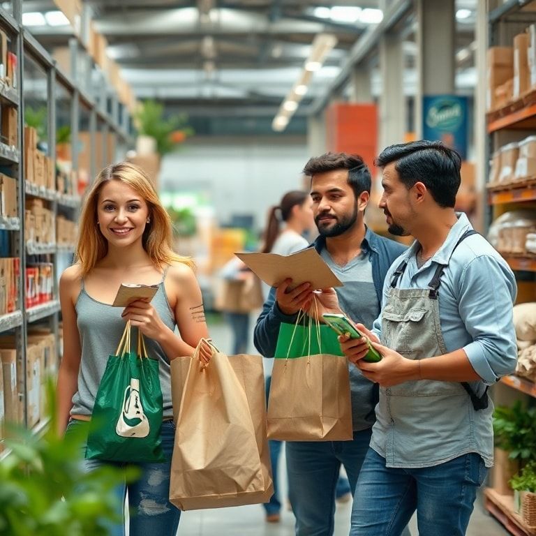 Eco-conscious consumers bringing reusable bags to the store, cardboard box factory workers inspecting quality of sustainable