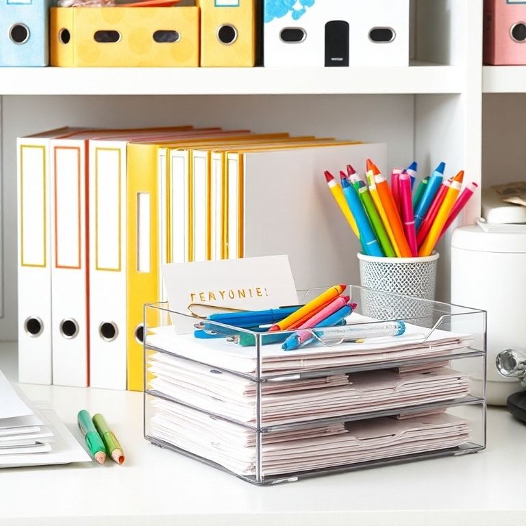 organized desk with labeled folders, colorful pens, and a 3-tier paper tray for sorting documents