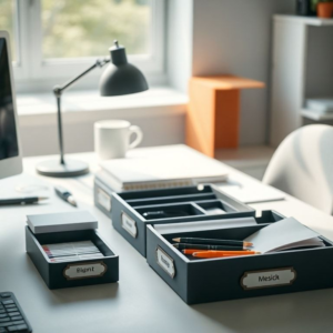 neatly organized desk with labeled trays for documents, pens, and notebooks, minimalist design with modern office decor, calming color scheme, natural light streaming in through window