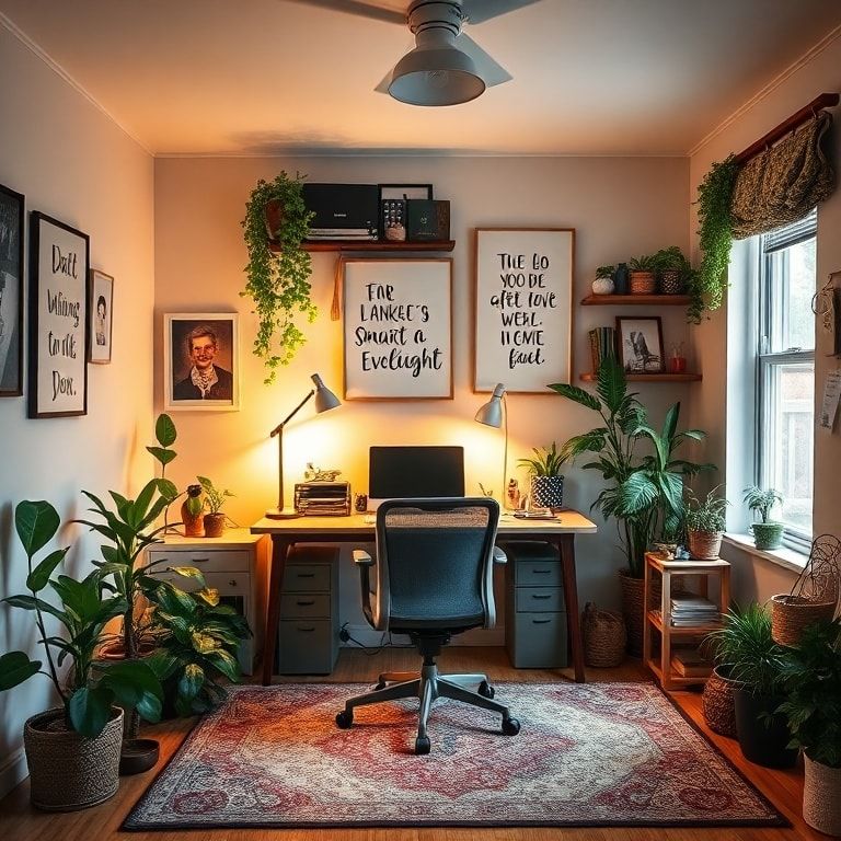 organizing - cozy home office with warm lighting, inspirational quotes on the walls, vibrant green plants, comfortable chair