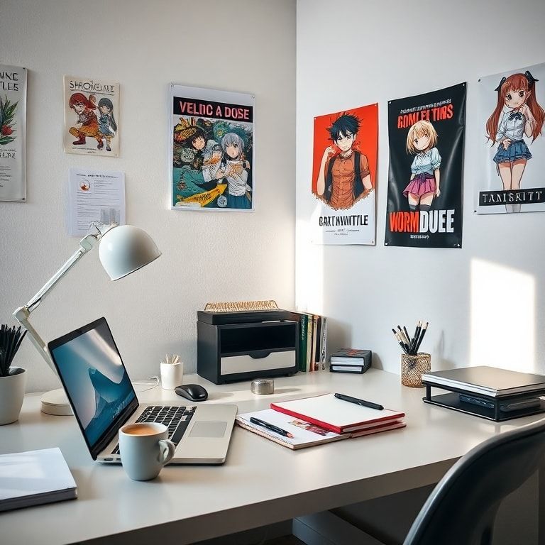 organizing - productive workspace with laptop, notebook, and coffee cup, organized desk with minimal distractions, natural li