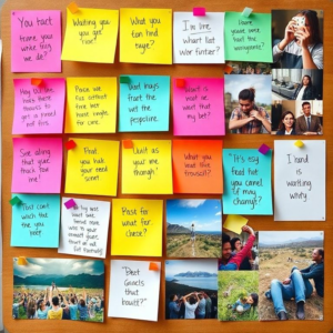 creative inspiration board with colorful sticky notes, motivational quotes, and vibrant images