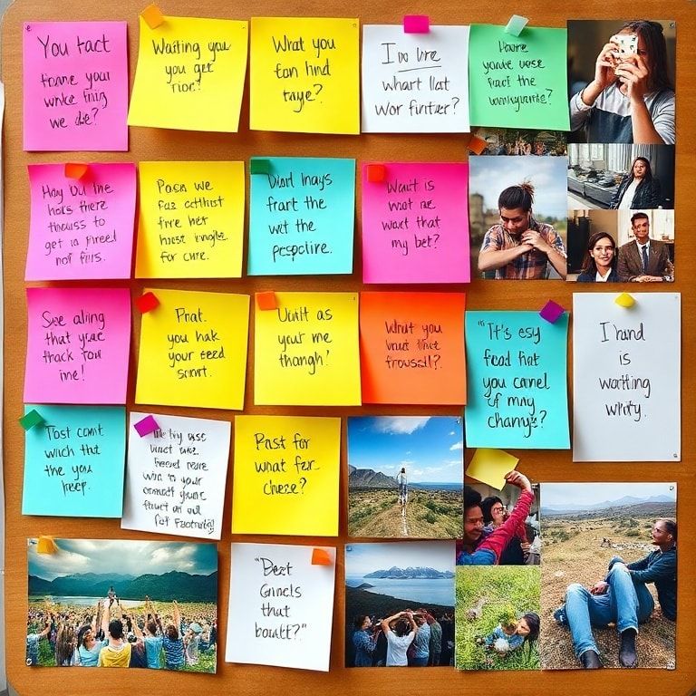 creative inspiration board with colorful sticky notes, motivational quotes, and vibrant images