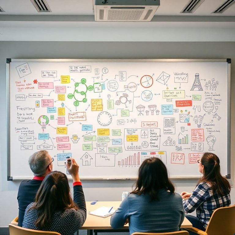 unleash - creative brainstorming session with team members, whiteboard filled with colorful diagrams and sketches