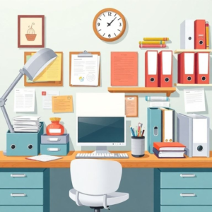 clean and organized desk with labeled folders, desktop organizers, and color-coded documents