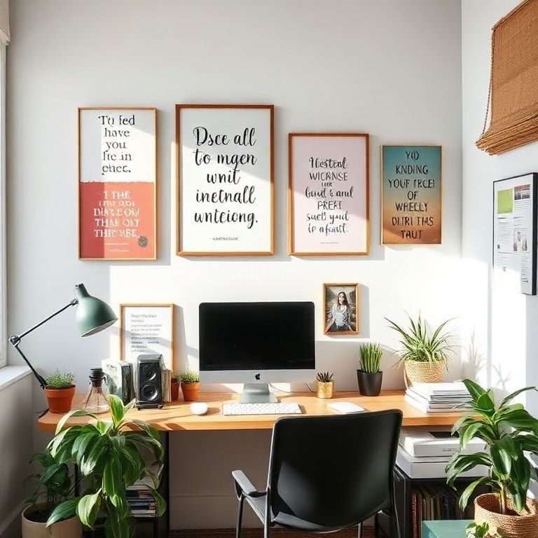 simple - organized workspace with inspirational quotes, plants, and natural lighting