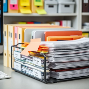 organized desk with labeled folders, colorful sticky notes, and a 5-tier paper tray filled with documents and notebooks