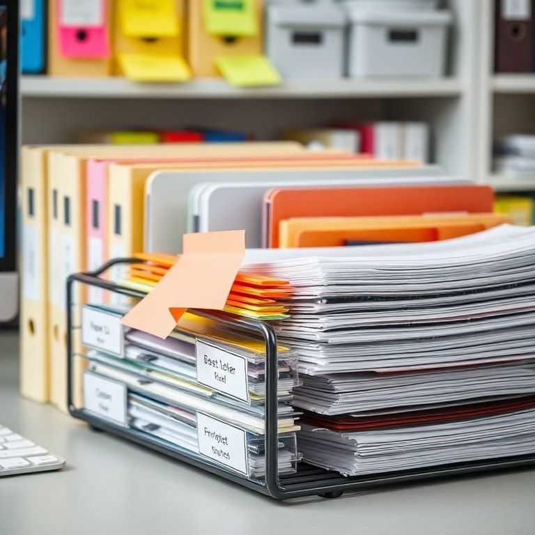 organized desk with labeled folders, colorful sticky notes, and a 5-tier paper tray filled with documents and notebooks