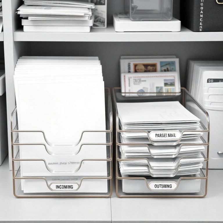 creative - organized mail station with envelopes, stamps, and a 5-tier paper tray labeled for incoming and outgoing mail