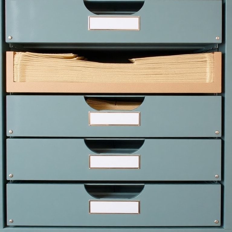 creative - neatly organized archive section in a 5-tier paper tray with labeled folders for easy retrieval