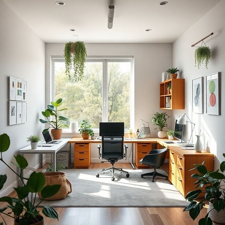 creative - modern home office with ergonomic furniture, natural light, and plants for a productive work environment