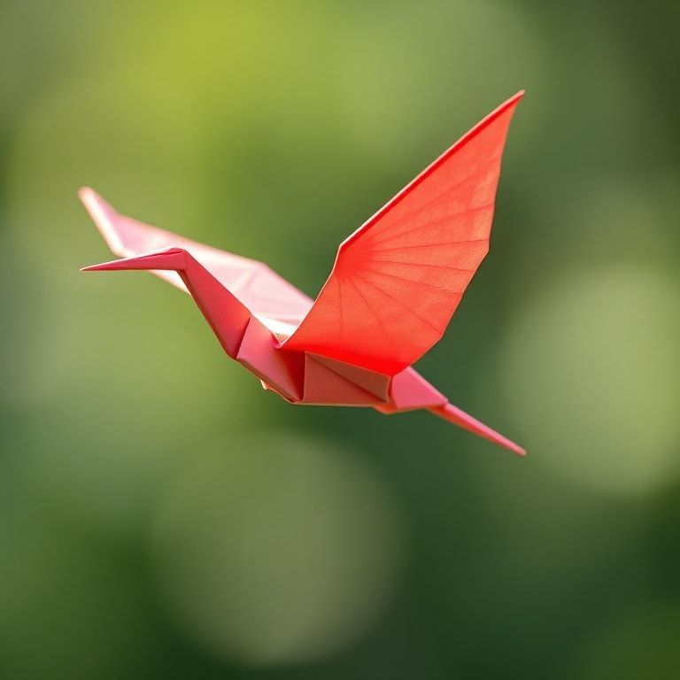 beautiful origami crane in flight, vibrant colors and intricate folds, serene and graceful, symbol of peace and harmony