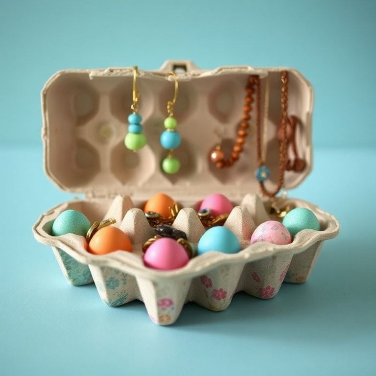 colorful jewelry organizer made from repurposed egg carton