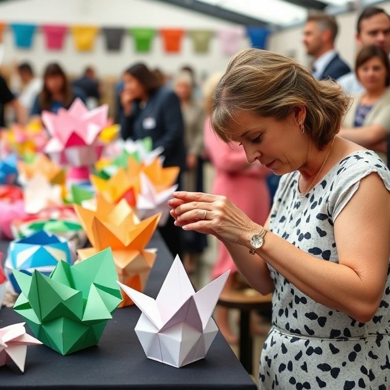 unleash - origami artist showcasing paper balloon boxes at a craft fair, hands folding paper with precision and skill, intric