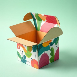 modern packaging design with sustainable materials and eco-friendly production processes, vibrant and eye-catching digital print on cardboard box, innovative corrugated cardboard box with improved strength and durability, smart packaging interacting with consumers, biodegradable packaging materials reducing waste, advanced CAD software for intricate packaging design, high-quality digital printing technology for full-color prints on cardboard boxes