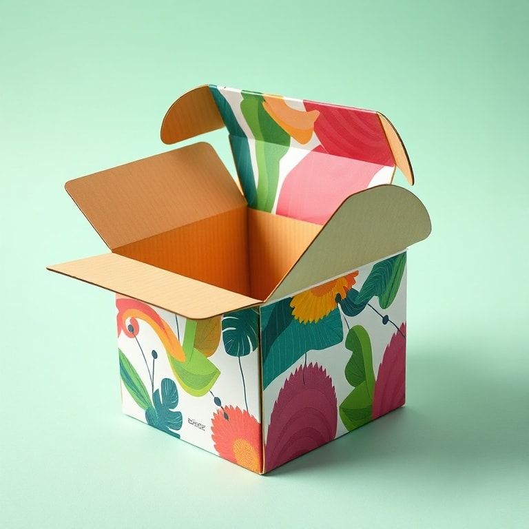 modern packaging design with sustainable materials and eco-friendly production processes, vibrant and eye-catching digital print on cardboard box, innovative corrugated cardboard box with improved strength and durability, smart packaging interacting with consumers, biodegradable packaging materials reducing waste, advanced CAD software for intricate packaging design, high-quality digital printing technology for full-color prints on cardboard boxes