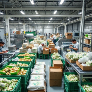 modern packaging factory with workers sorting recyclable materials, state-of-the-art machinery processing eco-friendly packaging materials, sustainable packaging design prototypes, innovative compostable packaging solutions, workers packing products in biodegradable materials