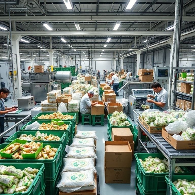 modern packaging factory with workers sorting recyclable materials, state-of-the-art machinery processing eco-friendly packaging materials, sustainable packaging design prototypes, innovative compostable packaging solutions, workers packing products in biodegradable materials
