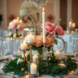 elegant centerpiece with flowers and candles, sophisticated event decor with personalized trinkets, fairy lights and greenery enhancing the base, visually stunning display, captivating elegance