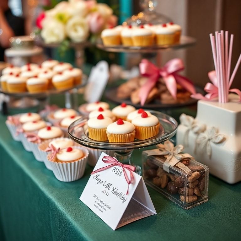 interactive dessert station with cupcakes, cookies, and chocolates, creative presentation of sweets, decorative wrappers and
