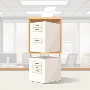 Illustration of a 3tier paper ballot box system with labels for each tier, showcasing the collection, sorting, and storage process in an office setting