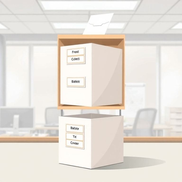 Illustration of a 3tier paper ballot box system with labels for each tier, showcasing the collection, sorting, and storage process in an office setting