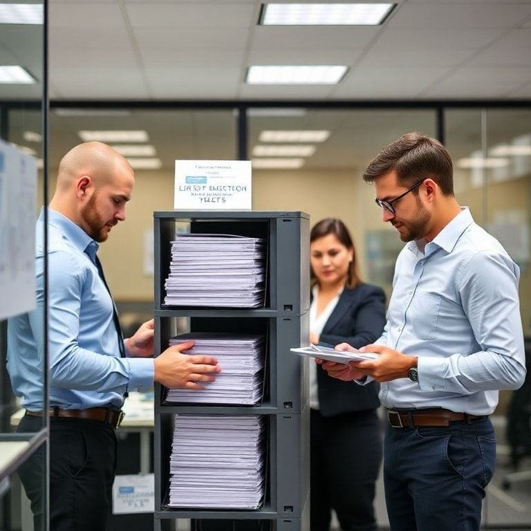 Secure office environment with employees utilizing a 3tier paper ballot system for document organization, showcasing the ease