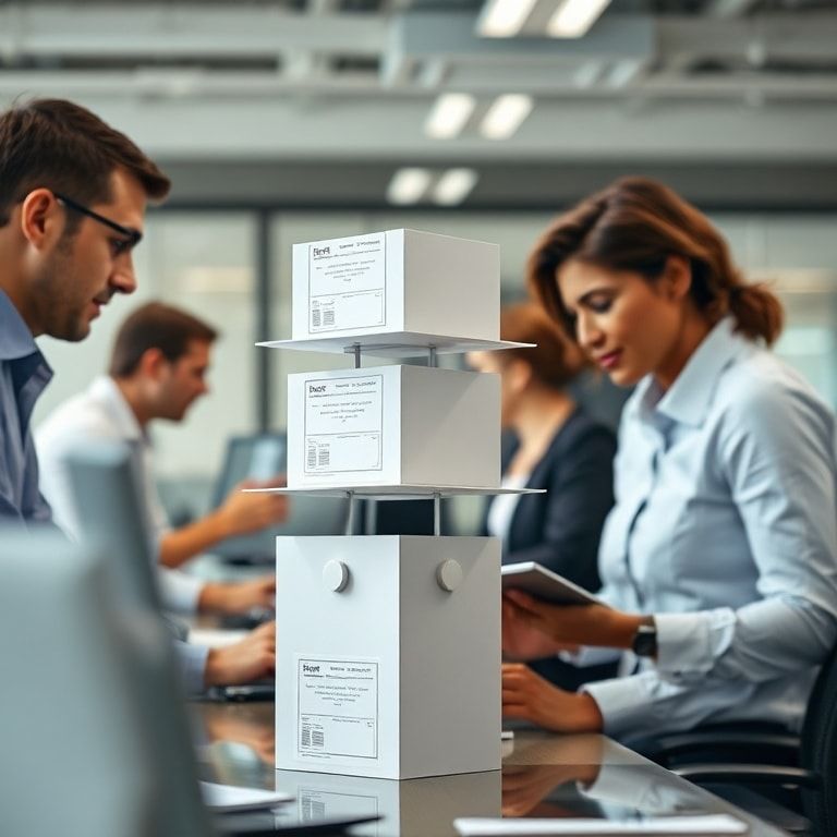Professional office setting with employees working seamlessly with a 3tier paper ballot system, showcasing the positive impac