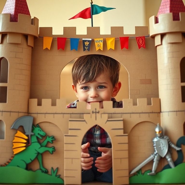 A child playing inside a cardboard castle with colorful flags and banners, dragons and knights in shining armor surrounding the castle, a magical fortress fit for a king or queen, creative playhouses for kids, imaginative play spaces