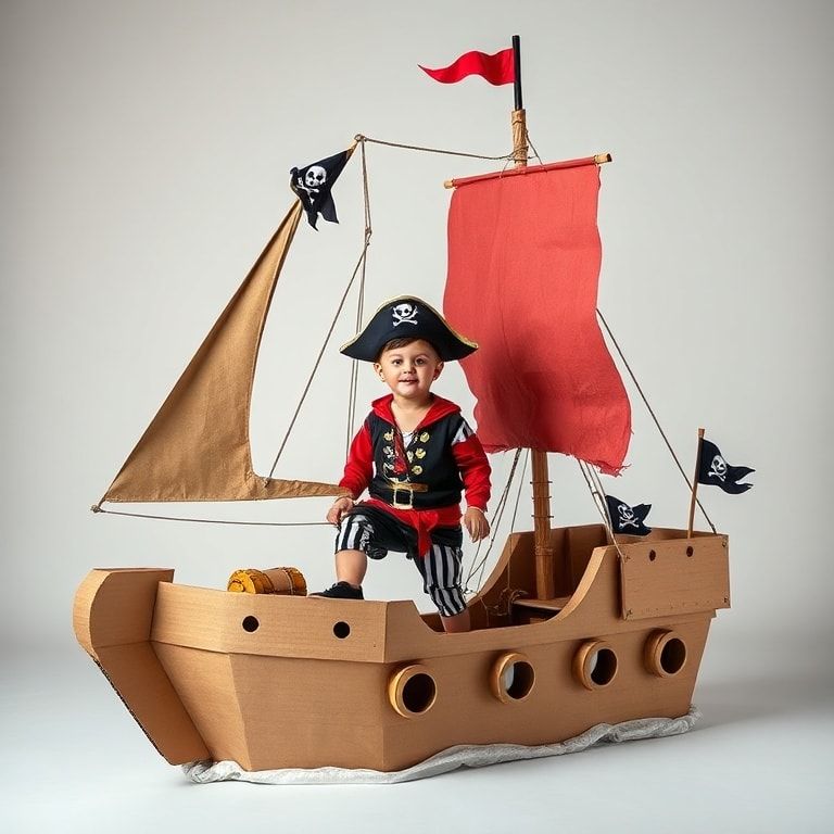boost - A child dressed as a pirate on a cardboard ship with sails and a mast, skull and crossbones flags, treasure chests an