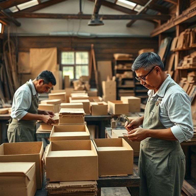 Traditional cardboard box manufacturing process with craftsmen cutting, folding, and gluing cardboard sheets by hand, vintage workshop setting with tools and materials, warm natural lighting, nostalgic atmosphere