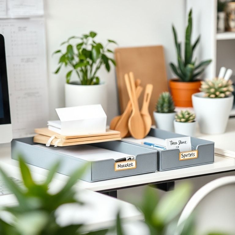organized workspace with labeled paper trays, desk accessories, and potted plants for a clean and minimalist look
