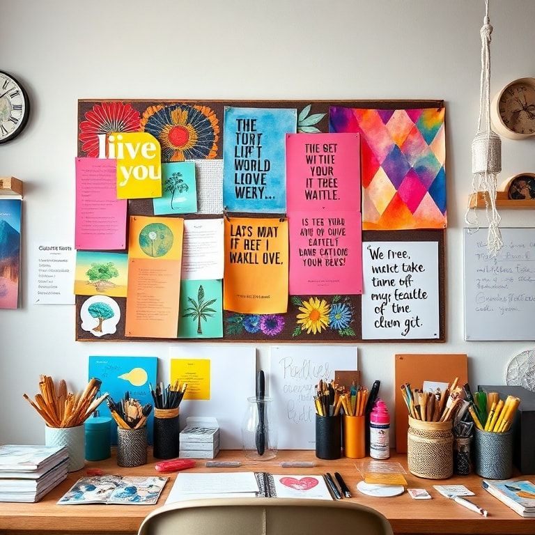 creative workspace with colorful mood board, artistic supplies, and inspirational quotes for a vibrant and energizing environ