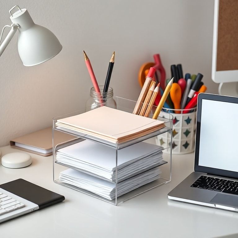 creative - organized desk with 3-tier paper tray, stationery supplies, and laptop for a productive and efficient work setup