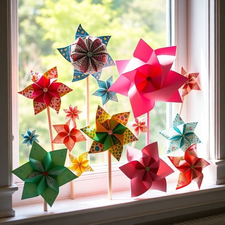 Colorful paper pinwheels in various sizes, vibrant patterns, and intricate designs, displayed on a sunny windowsill