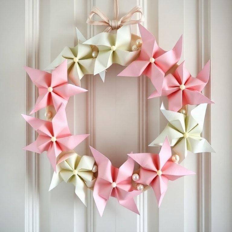 unleash - Elegant origami pinwheel wreath made of pastel-colored paper pinwheels, adorned with delicate ribbons and pearls, h