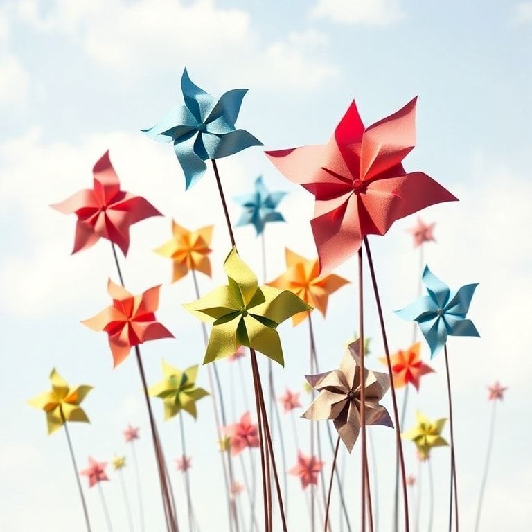 unleash - A collection of interactive origami pinwheels in various colors and sizes, spinning gently in the breeze, creating